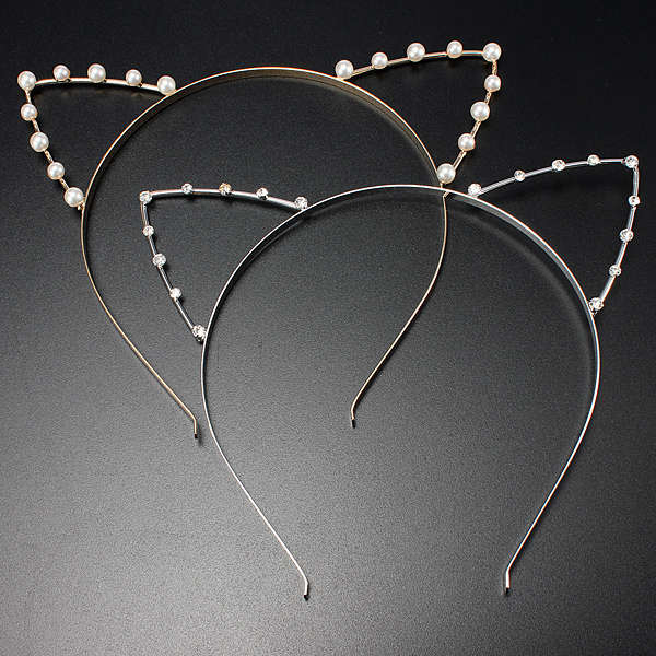 Cat Ear Gold Pearl Silver Crystal Rhinestone Headband Headhoop
