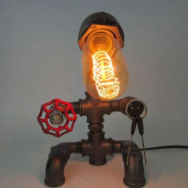 Retro Industrial Loft Pipes Robot Table Lamp for Study Bedroom Cafe Bar Decorat