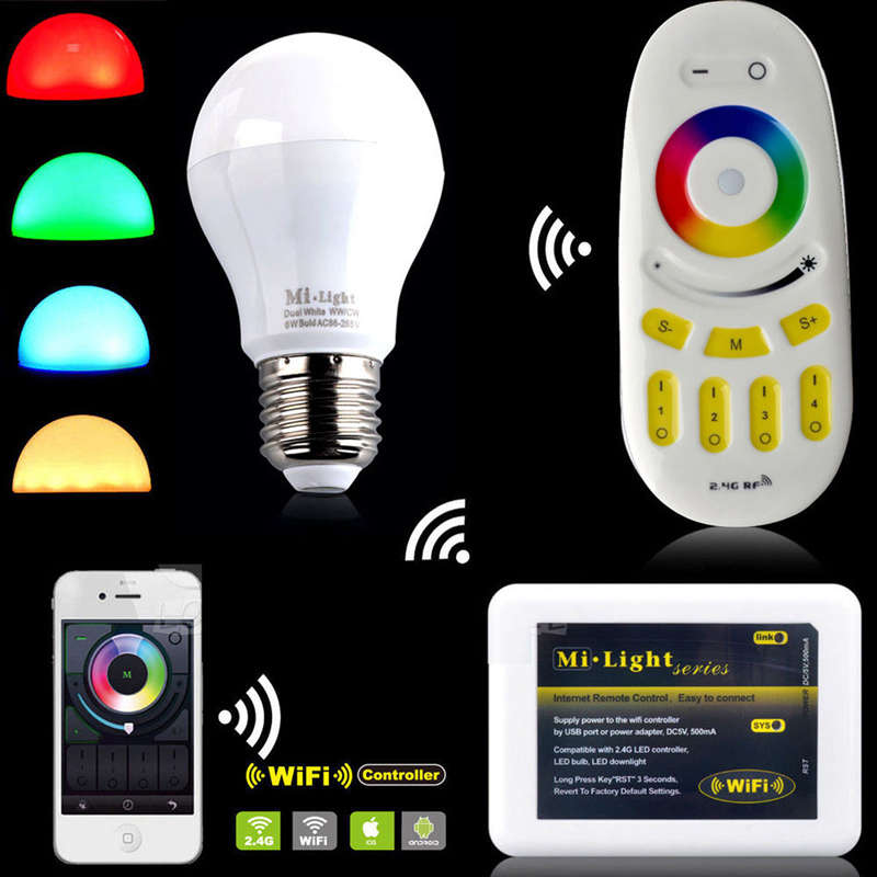 Milight 2.4G wireless E27 6W RGBW LED spotlight Dimmable Bulb lamp 86-265V