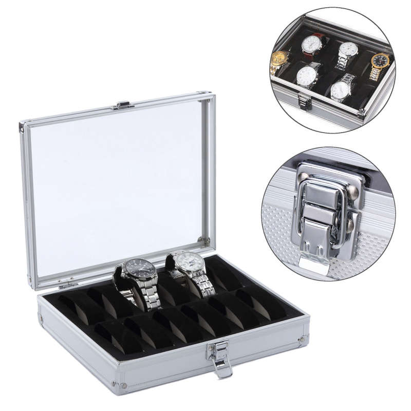 12 Grid Aluminium Watch Box Display Case Organizer Clear Top Jewelry Storage