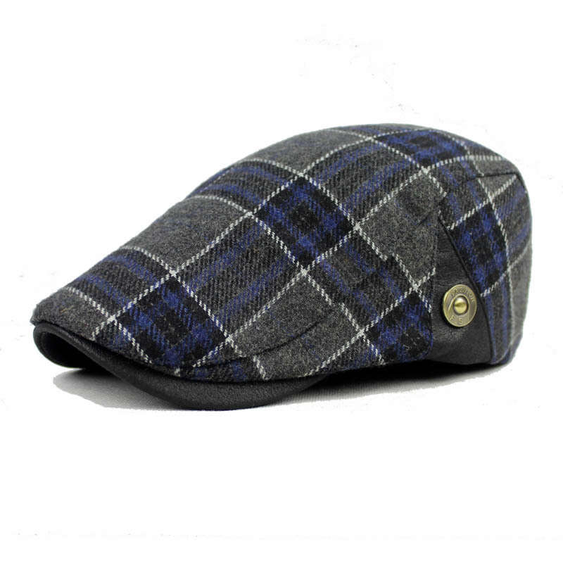 Men Male Wool Blend Newsboy Beret Cap Grid Blank Thick Flat Cowboy Cabbie Hat