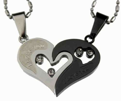 Lovers /Couple Black /Silver Tone Heart Pendant Set, Stainless Steel