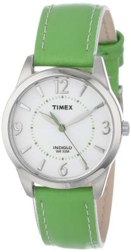 Timex Women's T2N8629J Green Leather Strap Contrast Stitching Watch