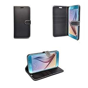 SAMSUNG GALAXY S6 BLACK PLAIN PU LEATHER WALLET FLIP CASE COVER AND FREE SCREEN PROTECTOR FROM
