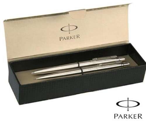 Parker Jotter Stainless Steel Ball Point Pen & Pencil Set in Parker Gift Box - Black ink