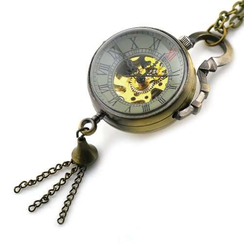 Skeleton Pendant Pocket Watch Mechanical Movement Hand Wind Steampunk Vintage Style Crystal Ball Rom