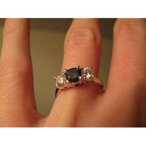 14K White Gold Round 3 Stone Blue Diamond & White Diamond Ring (1/2 cttw) - Size 7