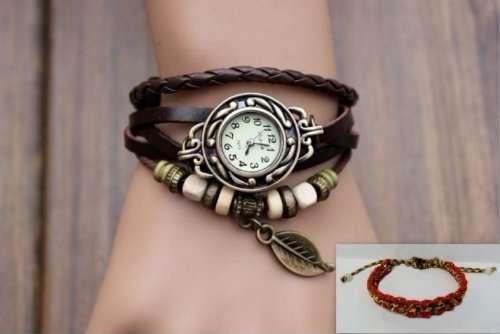 Brown Color Quartz Fashion Weave Wrap around Leather Bracelet Lady Women Wrist Watch