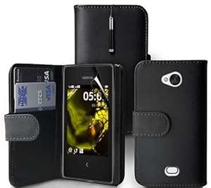 Zonewire BLACK FLIP LEATHER CASE COVER FOR NOKIA ASHA 503 & SCREEN PROTECTOR & CLOTH & RETRACTA