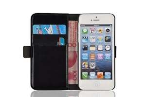 iPhone 5 Case - Luxury Edition Black Leather Wallet Cover for iPhone 5 5s