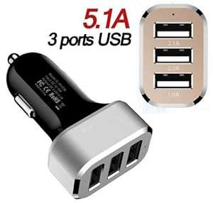 BrainWizz 5.1A - High Performance Car Charger TRIPLE USB Outputs Max 5.1A for iPad iPhone iPod