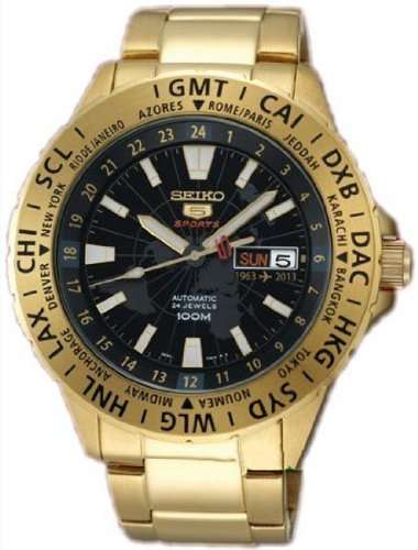 Seiko 5 Sports Black Dial Gold-Tone Stainless Steel Mens Watch SRP440
