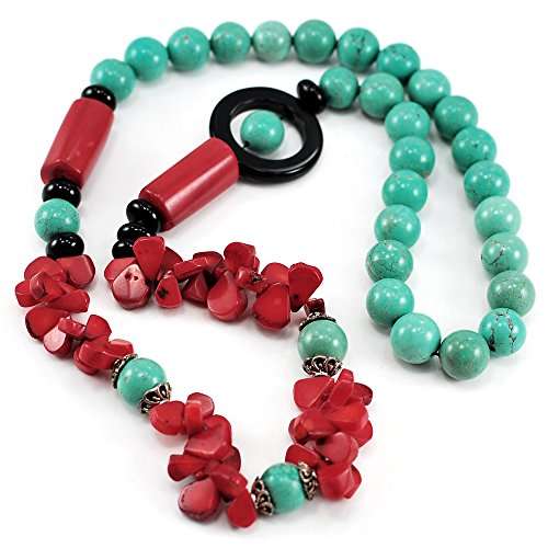 001 Blue Turquoise,red Coral & Black Onyx Beads Long Necklace 30" N5040304e