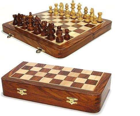 Polished Walnut Magnetic Folding Chess Set