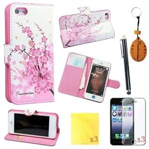 (TRAIT)8IN1 Pink Flower PU Leather Wallet Cases Protective Skin for iphone 5 for iphone 5s Flip Foli
