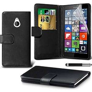 Gadget Giant Microsoft Lumia 640 XL Black Leather Wallet Flip Case Cover with Scre (Black Wallet)