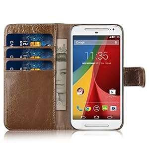 Genuine Leather Wallet Case for Motorola Moto G 2014 (2nd Gen) Shabby Style Brown