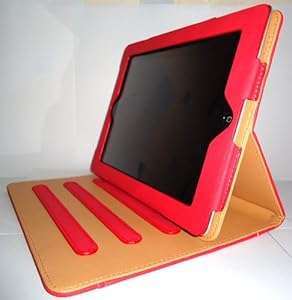 Premium Leather Ipad Tan case Stand Wallet Smart Flip Case Cover for Ipad versions 2/3/4 wi (Red)