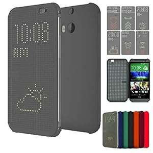 Eallc New Replacement HTC One M8 DOT MATRIX VIEW Flip Case Cover With Auto Sleep Wake Func (Grey)