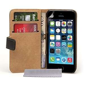 Yousave Accessories Genuine Leather Wallet Cover Case for iPhone 5S - Black