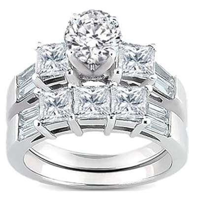 14k White Gold Round, Princess & Baguette Diamond Ladies Bridal Ring Matching Band Set (1.50ctw)