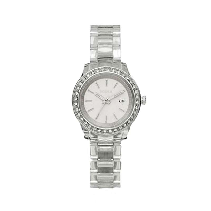 Fossil Women's ES2612 Clear Plastic Bracelet White Glitz Analog Dial Watch