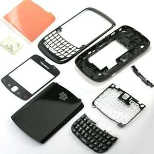 BLACK ORIGINAL GENUINE OEM BLACKBERRY CURVE 8520 FULL HOUSING COVER+REPAIR PARTS FACEPLATE FASCIA COVER+BATTERY BACK DOOR+BOTTOM PLATE PANEL+KEYBOARD+KEYPAD REPAIR REPLACEMENT