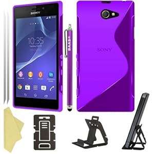 BAAS Sony Xperia M2 - Stylish Purple S Line Gel Case Cover Touch Screen Stylus Pen 2X Screen Prote