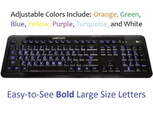 Ivation Seven Color Adjustable Letter Illuminated Large Print Full Size Multimedia Computer Keyboard