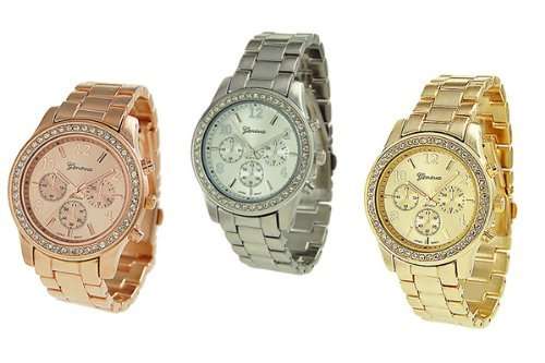 3 PACK Geneva Silver Gold and Rose Gold Plated Classic Round CZ Ladies Boyfriend Watch