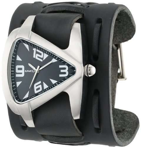 Nemesis Men's WXB011K Signature Stainless Steel Teardrop Black Dial Leather Cuff Watch