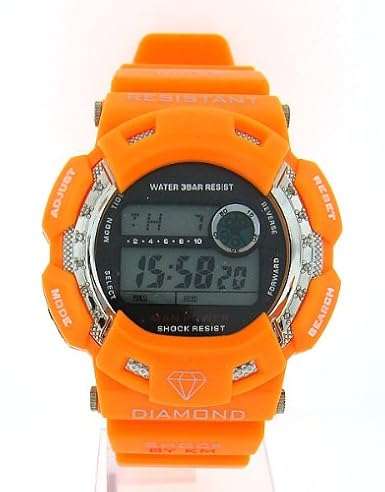 **R3600**Mens Diamond Watch Shiny Orange Shock Style King Master with 12 diamonds set on a steel