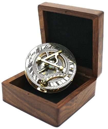 Solid Brass Sundial and Compass in Hardwood BOX - Polished brass sundial compass
