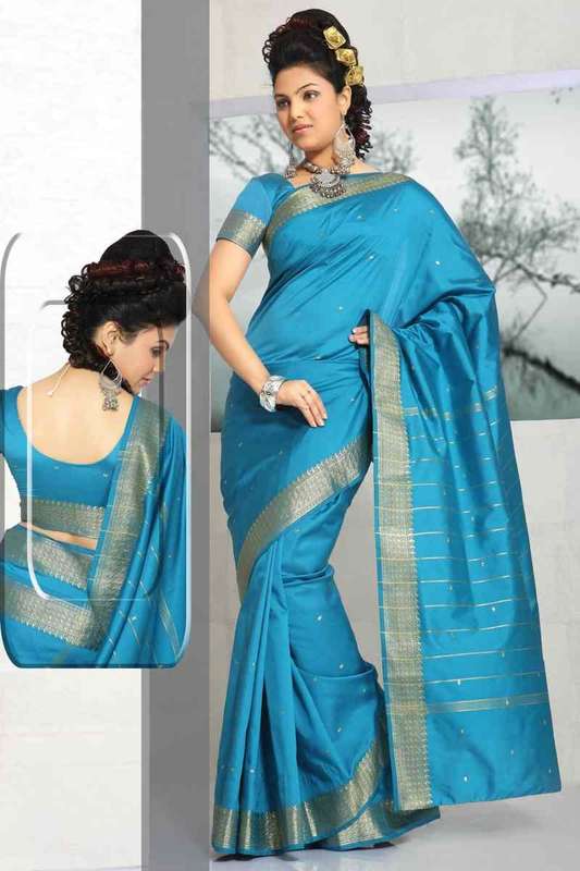 Turquoise Art Silk Saree Sari fabric India Golden Border