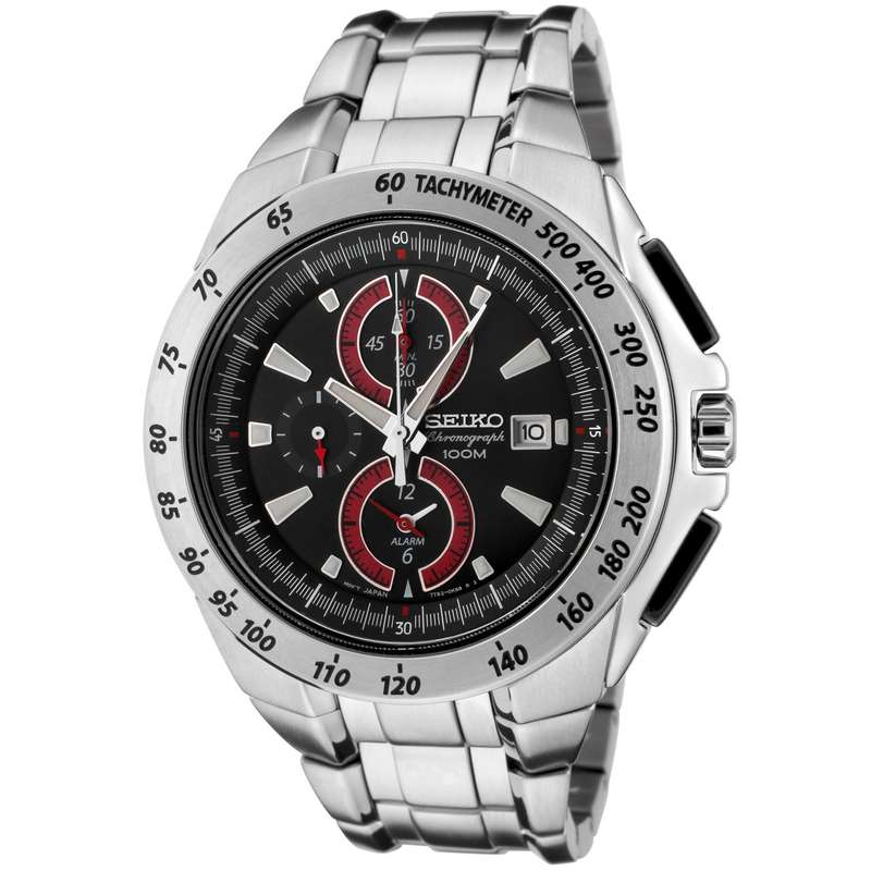 ***R7300***Seiko Men's SNAB07 Chronograph Stainless Steel Black Dial Alarm Watch