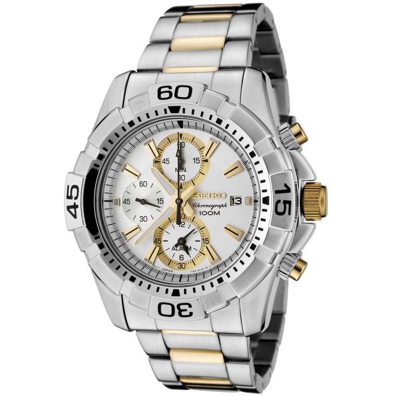 ***R7100***Seiko Men's SNAE27 Chronograph Silver Dial Two-Tone Stainless Steel Alarm Watch