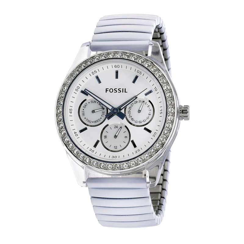 Fossil Women's ES2953 White Expandable bracelet White Steel Case Silver Dial Crystallized Bezel Watc