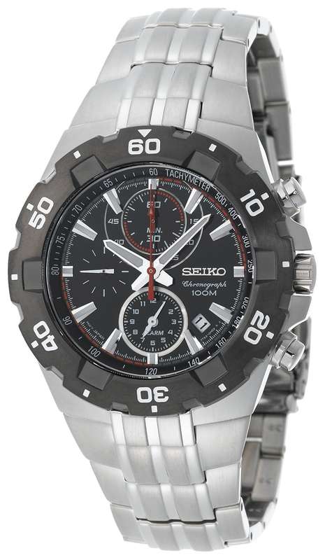 **R7000**Seiko Men's SNAD35 Silver-Tone Black Bezel Sport Alarm Chronograph Watch