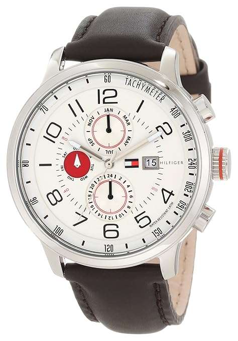 Tommy Hilfiger Men's 1790858 Stainless Steel and Leather Multi-Function White and Red Dial Watch