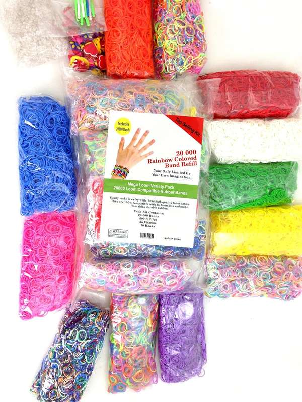 20,000 Loom Band Refill Kit with solid and rainbow colored bands, 500 S-Clips, 25 Loom Charms and 10