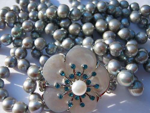 Genuine! 3 strand 10mm, round GREY / SILVER freshwater PEARL NECKLACE and MATCHING EARRINGS!