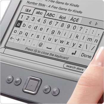 Kindle e-reader showing on-screen keyboard