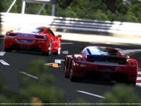 Two Ferraris playing follow the leader around a tight turn in Gran Turismo 5 Two Ferraris playing follow the leader around a tight turn in Gran Turismo 5