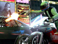 Motorcyclist shattering a car winshield with automatic gunfire in Grand Theft Auto: Episodes from Liberty City