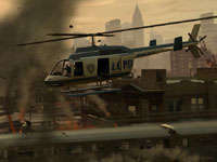Helicopter surveying damage over Liberty City in Grand Theft Auto: Episodes from Liberty City