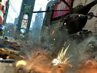 A helicopter attacking targets on the ground at close range in Grand Theft Auto: Episodes from Liberty City