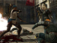Female Rogue character in pirate garb besting human foes in Dragon Age II