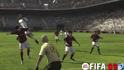 Heading a ball towards the gaol in traffic in 'FIFA Soccer 09' for PS3