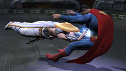 Raiden laying into Superman in Mortal Kombat vs. DC Universe for PS3