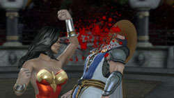 Wonder Woman knocking Raiden's block off in Klose Kombat in Mortal Kombat vs. DC Universe for PS3